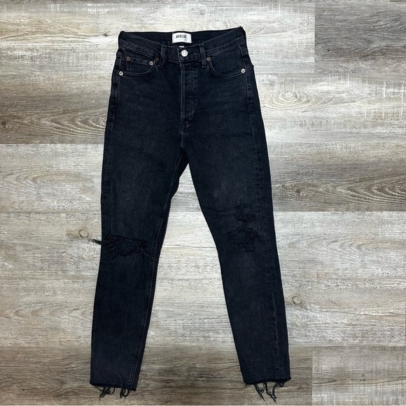 AGOLDE Nico High Rise Slim Fit Jeans in Cassette 25 Black Distressed - Picture 5 of 13